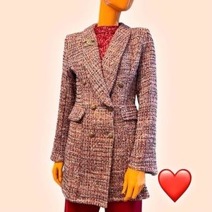 CBR Metallic Sparkle Tweed Fitted Double Breasted Red Blazer NWT